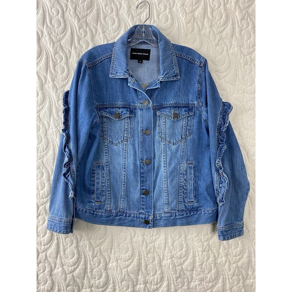 Who What Wear Ruffle Jean Jacket Womens Large Blue Denim Trucker Jacket
